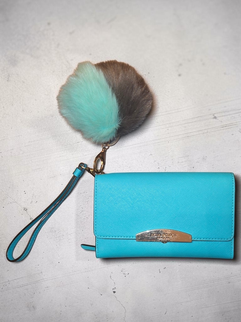 Henri Bendel Turquoise Wristlet Wallet with Pom Pom Charm